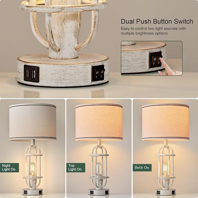 Reaketon 22.3" Farmhouse Table Lamps Set of 2, Vintage Lamps for Living Room End Tables, Bedroom Lamp for NightStand with USB C+A Ports, Antique White