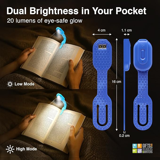 Gifts for Readers & Writers Rechargeable Book Light, Clip On Reading Light for Bed, 2in1 Flexilight & Bookmark, 12 Hours of Light Once Charged, Includes USB Cable & 2 LED Lights, Blue Hexagonal