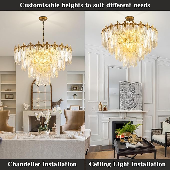Modern Large Crystal Chandelier, 4-Layer Gold Glass Chandelier, 12 Light Round Antique Ceiling Pendant Light, 31.5 Inchs Adjustable Height for Foyer, Living Room, Bedroom, Dining Room