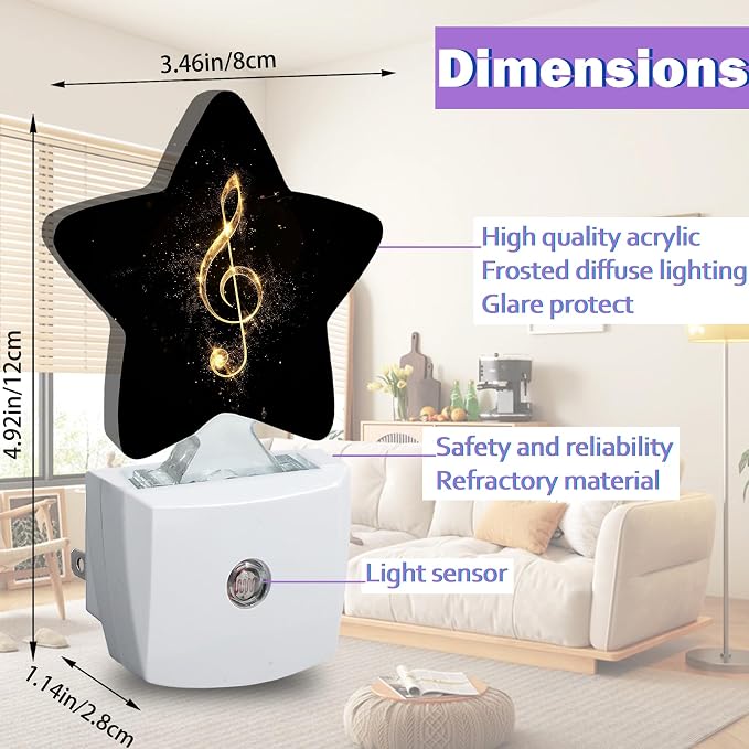 Gold Music Note Night Lights Plug Into Wall Decorative,Black Shiny Sleep Friendly Lamp, Energy Efficient Dusk-to-Dawn Sensor Nightlights for Kid Bedroom Nursery Bathroom