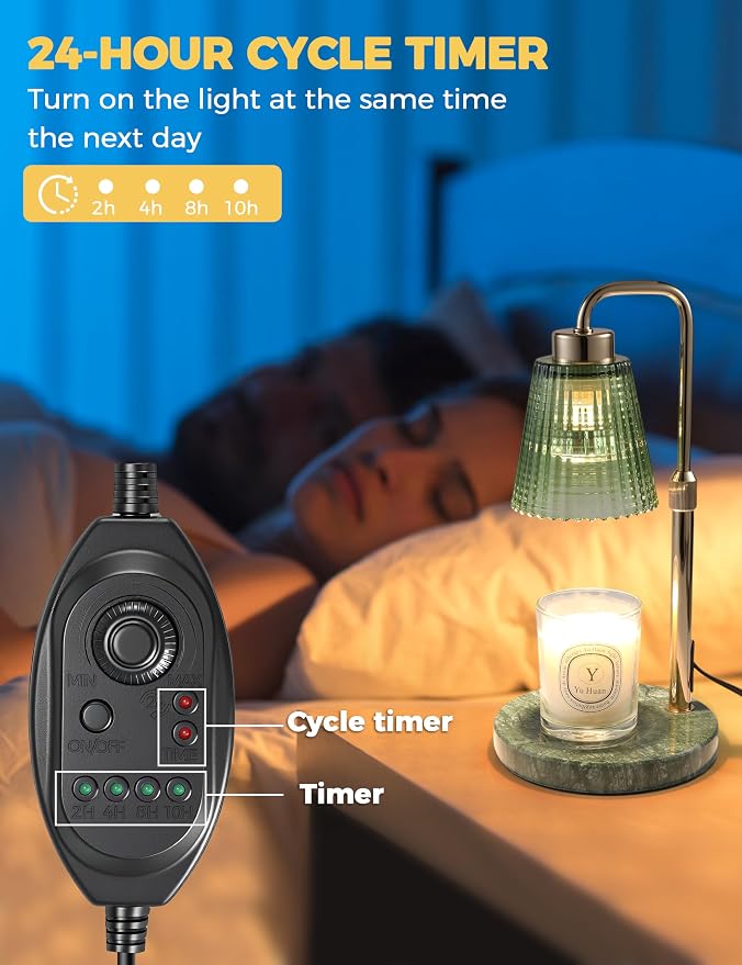 Marble Candle Warmer Lamp Green with Cycle Timer, Dimmable Wax Melt Warmer | 24h Cycle Timer Dimmable Wax Melt Warmer with 2 Bulbs, Fall Decor for Home Living Room Halloween Decorations Gifts for Mom