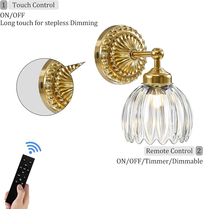 Battery Operated Wall Sconce, Vintage Wall Light, 2 Pack, Clear Tulip Glass | Gold Metal Base, 5200mAh Rechargeable, Dimmable LED, Remote Control, Cordless, Bedside, Bedroom, Doorway, Living Room