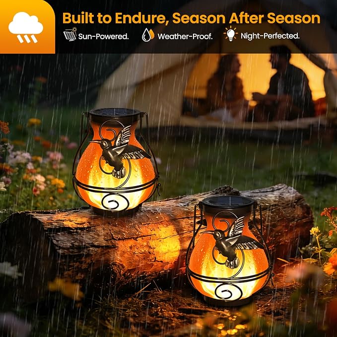 2 Pack Solar Lanterns Outdoor Waterproof , Metal Hummingbird Flickering Flame Solar Lights, Hanging Decorative Lantern for Patio Garden Porch, Gifts for Women, Mom