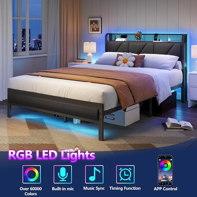 Full Size Bed Frame with Storage Shelf and Upholstered Headboard | Metal Platform Bed with LED Light, Charging Station and Heavy Duty Slats, No Box Spring Needed, Noise Free & Easy Assembly