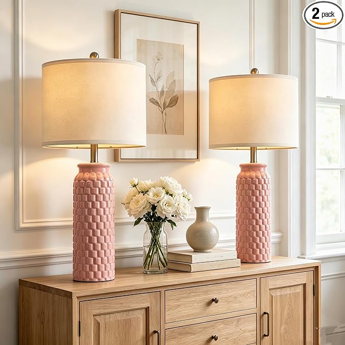 USumkky 27" Ceramic Table Lamps Set of 2 - Modern Farmhouse & Boho Style, Bedside Nightstand Lamps for Bedroom, Living Room End Table Lamps, Small Desk Lamp(Pink)