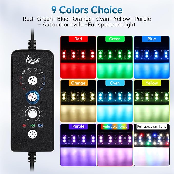 AQQA 26.97 Inch Submersible Aquarium Light, 24/7 Mode Fish Tank Light | 7 Adjustable Angles, 9 Color Options, 4 Rows Beads, Dimmable & Timer Control, IP68 Waterproof Full Spectrum Plant Light