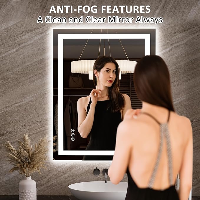LOAAO 27.6"x35.4" LED Bathroom Mirror with Lights | Anti-Fog, Dimmable, 3 Color Temperature, Backlit + Front Lit, Memory Function, Tempered Glass, UL Listed