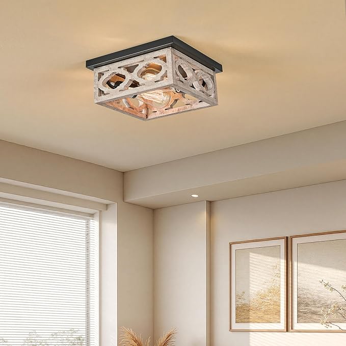 Farmhouse Flush Mount Ceiling Light, 10.5” Square Vintage Rustic Distressed White & Matte Black, MDF Shade Fixture for Livingroom, Bedroom, Kitchen, Hallway, Entryway, 2-Light E26