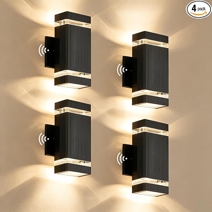 JYV Square Dusk to Dawn Outdoor Wall Lights, Up and Down, Black 4 Pack | Aluminum Porch Lights with 2x7W 3000K Bulbs, Waterproof Exterior Lighting Fixtures, for House Porch Garage Patio
