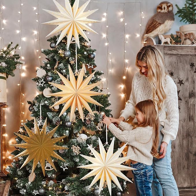 SUNBEAUTY 14-Pointed 18 Inch Hollow Out Paper Star Lanterns Brown White Christmas Lanterns Hanging Lamp Paper Decorations Shade Wedding Birthday Christmas Home Party Decorations