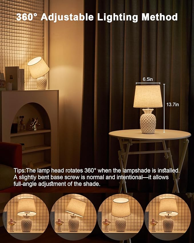 UMEXUS 13" Small Rechargeable Cordless Table Lamp, Pineapple Ceramic Base | Battery Powered, Remote Control Timer Dimmer, RGB & Warm Lights, Farmhouse Decorative Nightstand Lamp for Kitchen Living Room
