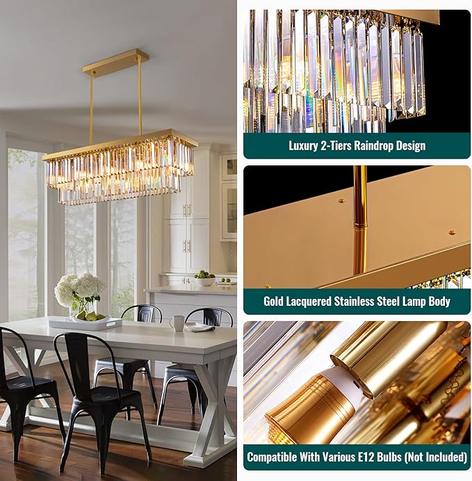 Siljoy 10-Light Rectangle Gold Crystal Chandelier for Dining Room Modern Rectangular 2 Tiers Crystal Raindrop Chandelier Linear Pendant Ceiling Light Fixture for Kitchen Island L40'' x W10'' x H10''