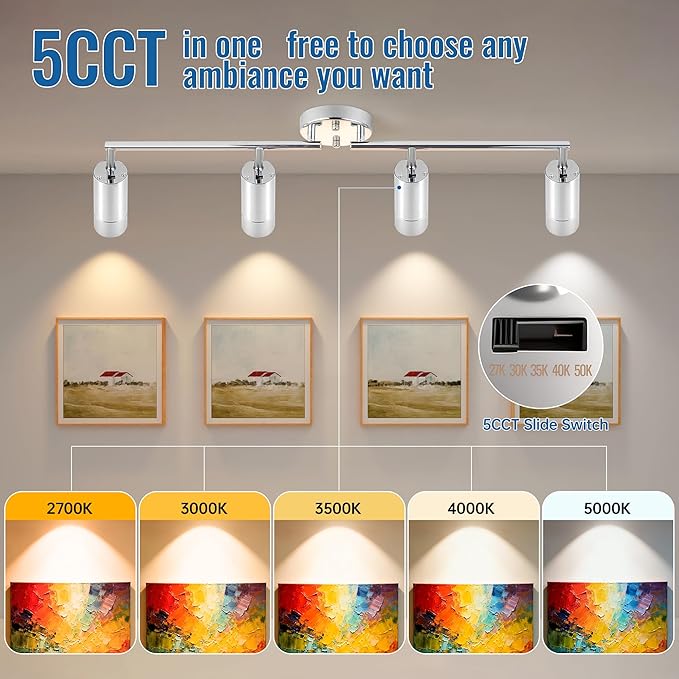 5Color LED Track Lighting Kit 4 Lights Dimmable 48W Track Light,Zoomable15°/24°/36°/45°/60°-2700K/3000K/3500K4000K/5000K,Track Lighting for Accent Task Kitchen,Lumen 4800 (Silver, 48 Watts)