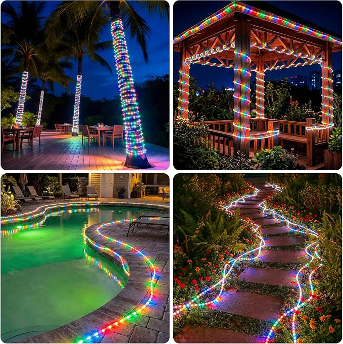 Solar Rope Lights, 2 Pack 33FT 100 LED Solar Fairy Lights with 8 Lighting Modes, IP65 Waterproof Trampoline Lights Outdoor for Yard Patio Deck Fence Tree Party Holiday Decoration, Multicolor