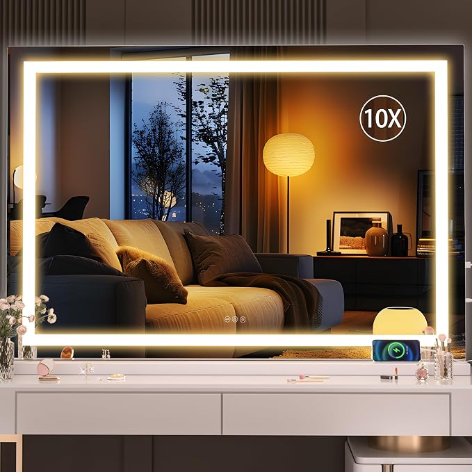 Hasipu Vanity Mirror with Lights, 47" x 30" LED Makeup Mirror, Lighted Makeup Mirror with Dimmable 3 Modes, Touch Screen Control Vanity Mirror Square White