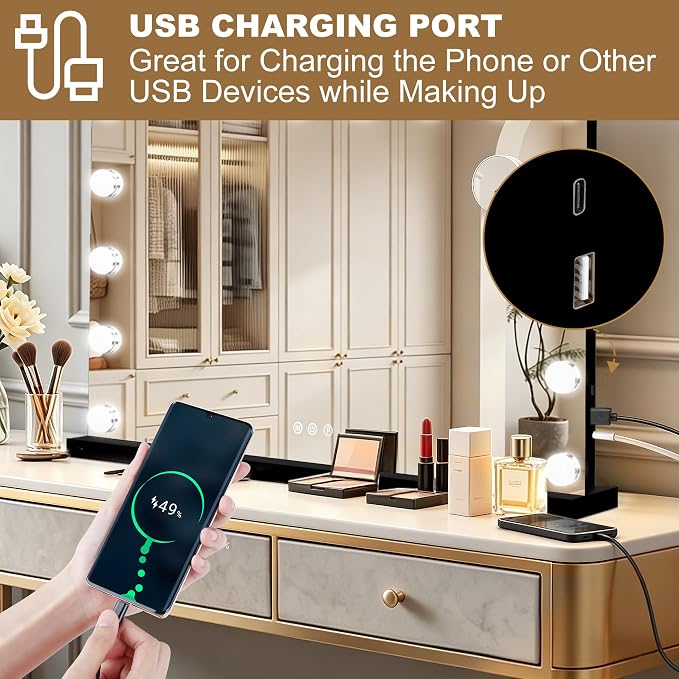 Ratsamee Black Hollywood Vanity Mirror with Lights, 17 Dimmable Bulbs, 3 Color Lights,Make Up Lighted Mirror, Aluminum Metal Frame, USB Charging Port（28" x 20"）