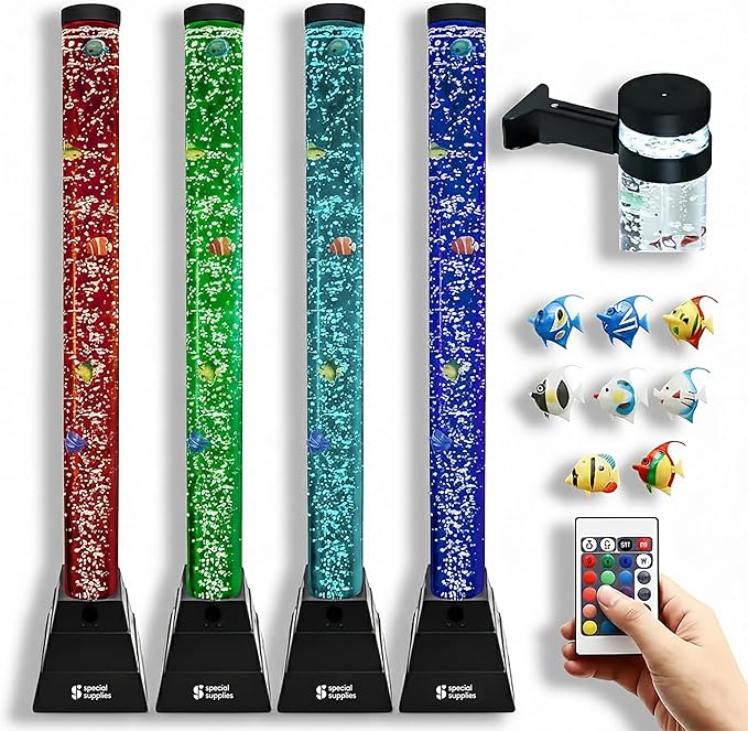 Special Supplies Aquarium Sensory Fish Bubble Light Tube with 16 LED Color Changing Nightlight Effect, Remote Control, and 8 Fishes, Colorful Floor Standing Lamp for Kids and Adults (4 feet) (Style 2)