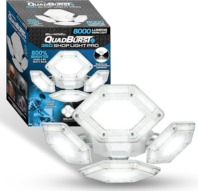 QUADBURST SHOPLIGHT PRO 360 LED - 8000 Lumens, 60 Watts - Bright Garage Light, Adjustable Panels Ceiling Fixture, Energy Saving LED Lighting for Workshop, Basement & Home improvement - As Seen on TV