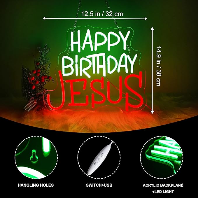 Happy Birthday Jesus Neon Sign for Wall Decor, Green & Red LED Neon Light Signs, Lighted Wall Art Decoration Neon Light, USB Powered for Ceremony Party Bar Home Birthday Bible Church Decor Gift