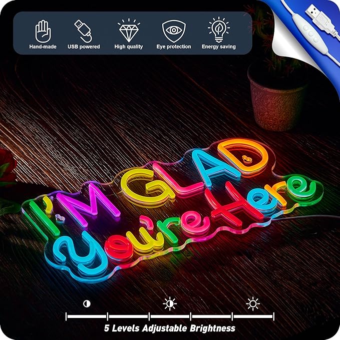 I’m Glad You’re Here Neon Sign, Positive Affirmation LED Light for Wall Decor Multicolored Light Up Signs for Classroom Kindergarten Wedding Party Store Home, Compatible with Timer