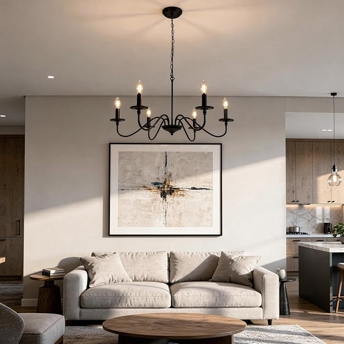 Rustic Farmhouse Candle Chandelier for Dining Room, 6-Light Rustic Black Iron Light Fixture with Classic S-Arm Design for Kitchen Island, Living Room, Foyer-Matte Black