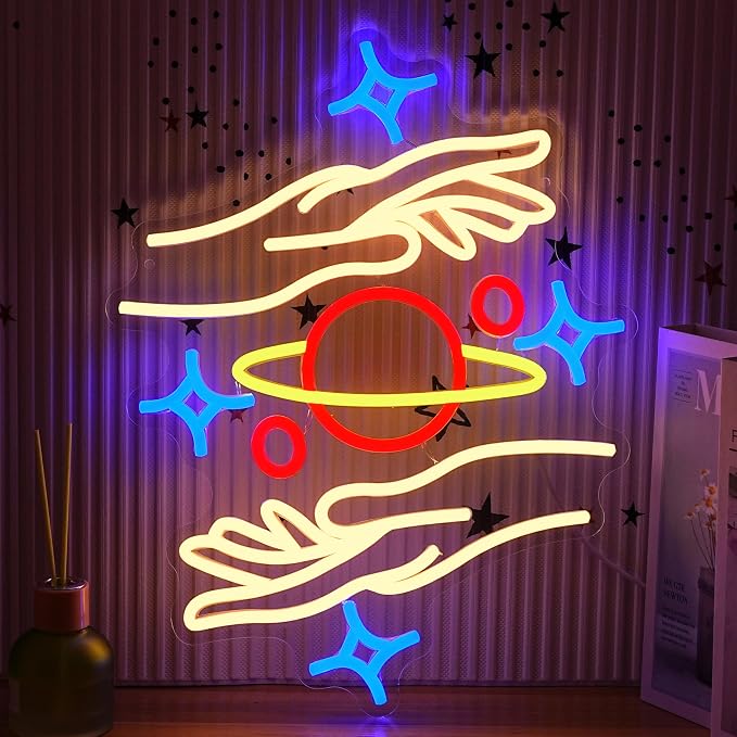 Holding the Galaxy Neon Sign for Wall Decor Dimmable Usb Powered Planet Led Sign 16.54’’*12.6’’ Moon Neon Light Adorable Led Star Sign for Bedroom Gaming Room Cafe Bar Party