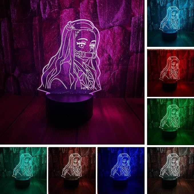 Cute Anime Figure Character 3D LED Optical Illusion Sleep Night Light | Suitable for Nezuko with Remote 16 Colors Bedroom Decor Table Lamp Birthday for Child Kids