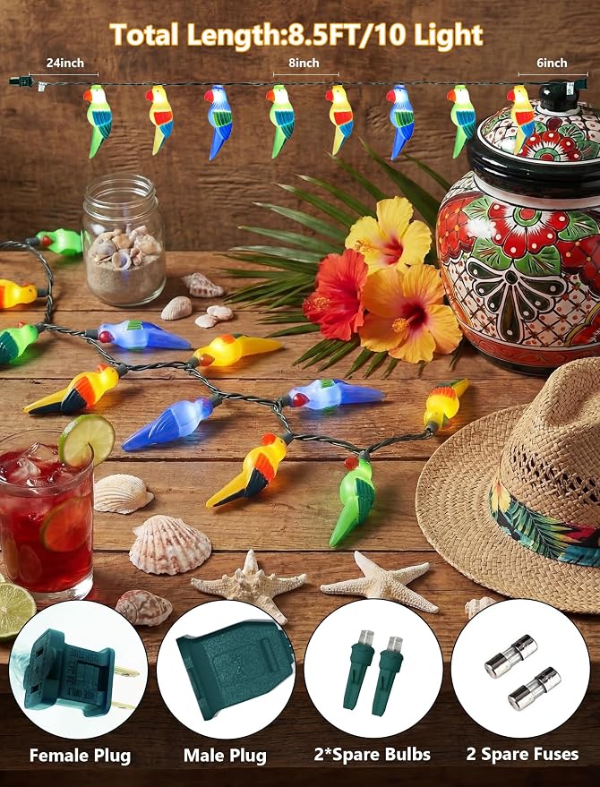 10 LED Tropical Beach Parrot Lights, 8.5Ft Camping String Lights Outdoor | Plug in, Connectable, 10 Multicolor Bird, Hanging Fairy Lights, Summer Hawaiian Decoration for Outside Party Home Decor
