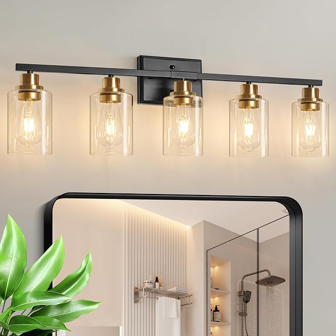 Modern Bathroom Light Fixtures, 5 Light Vanity Lights Over Mirror, Black and Gold Wall Lamp with Clear Glass for Living Room Cabinet Bedroom Porch