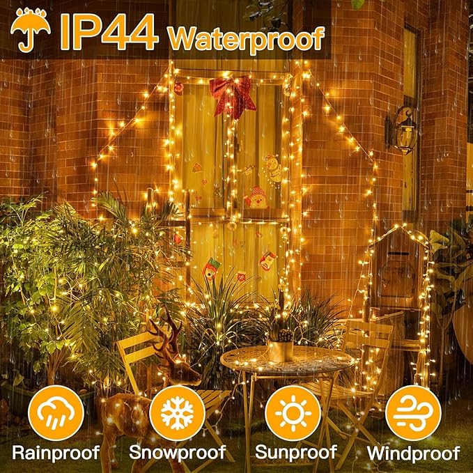 Ollny 400LED 131FT Christmas Lights Outdoor, Clear Wire Fairy Lights with Remote 3 Timer, Plug in 8 Modes String Lights for Bedroom Indoor Outside House Party Xmas Decorations, Warm White