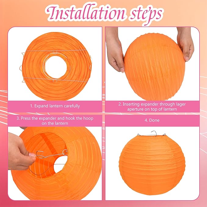 12 Pcs Pink and Orange Paper Lanterns, 10" Hanging Paper Lanterns, Pink and Orange Party Decorations for Home Birthday Wedding Sunset and Valentines Party Decorations
