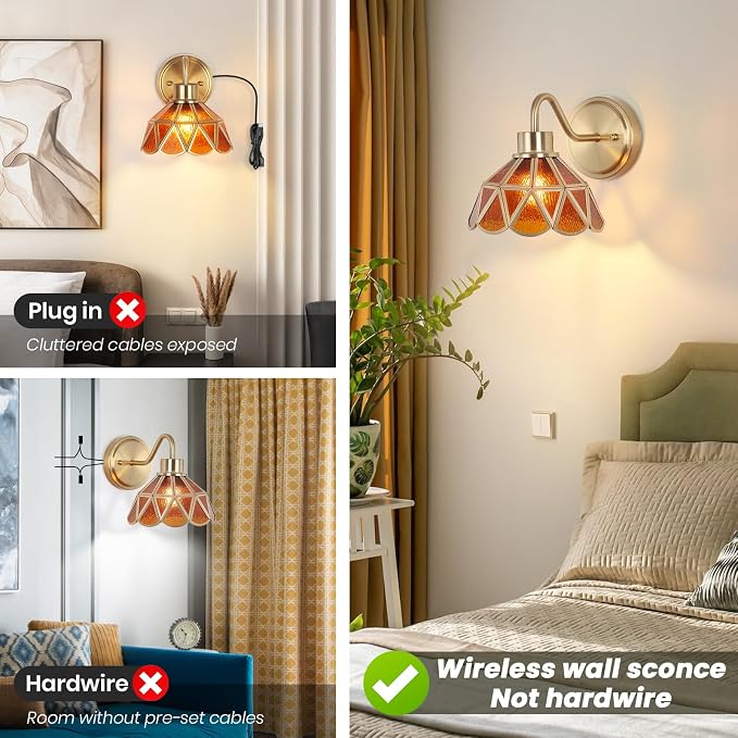 Battery Operated Sconces Set of 2, Vintage Wall Light with Remote, Rechargeable Wall Sconces RGB, No Socket Required, Easy to Install, Battery Operated Wall Sconce for Bedroom, Hallway, Aisle