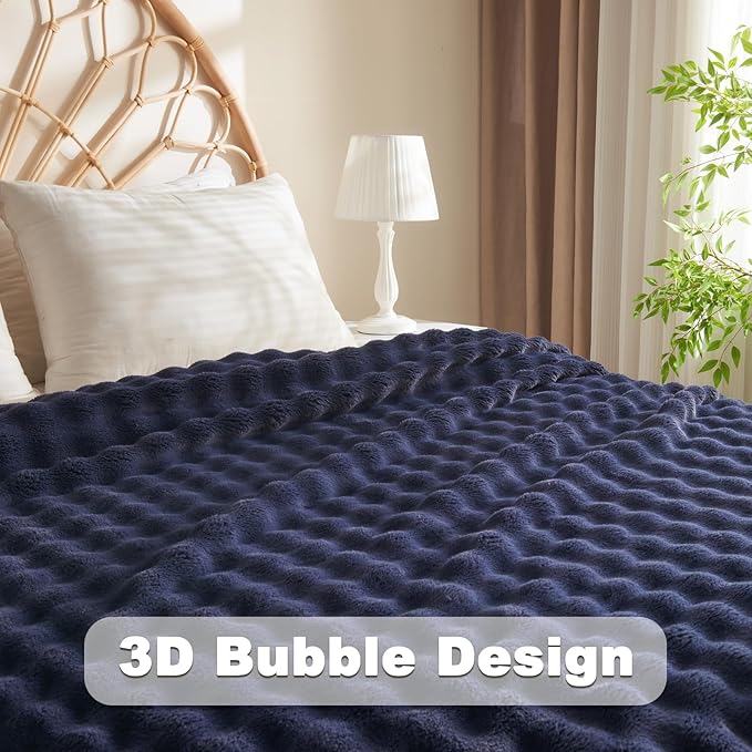NEWCOSPLAY King Blanket for Couch Dark Navy Super Soft Flannel Fleece 3D Bubble Lightweight Bed Blanket All Season Use (Dark Navy, King(90"x110"))