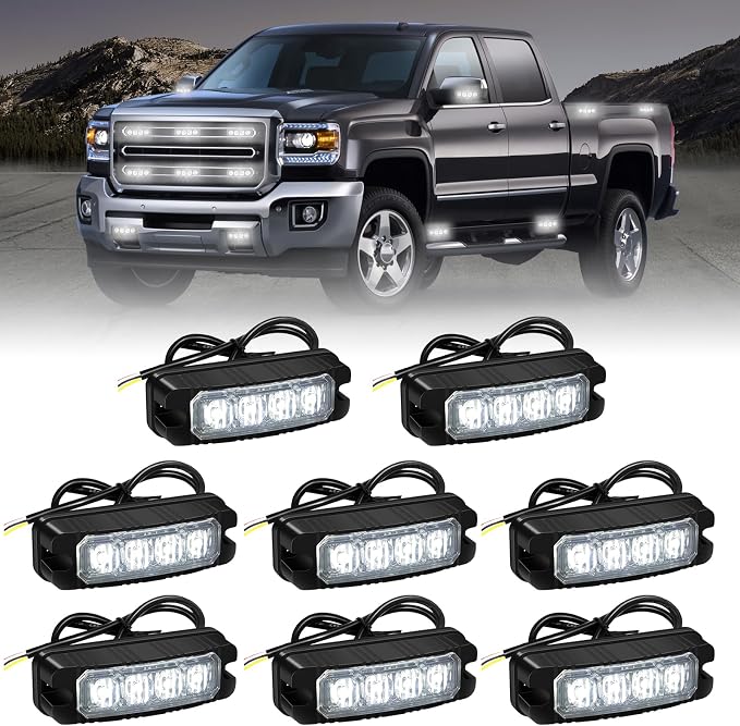8PCS Sync Grill Emergency Lights 32 LED White Strobe Lights | Grille Surface Mount Warning Safety Hazard Caution Light for Tow Plow Trucks Construction Vehicles, Car, ATV, UTV, Motorcycle