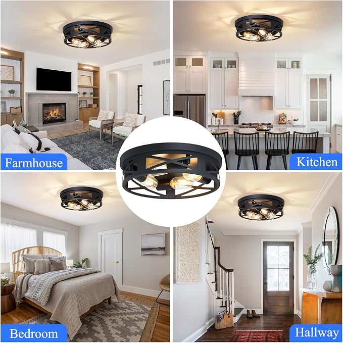 SKEJAO Flush Mount Ceiling Light Fixture,Ceiling Light Fixture for Hallway, Black Hallway Light Fixtures Ceiling,Light Fixtures Ceiling Mount for Kitchen,Farmhouse,Hall (1 Pack) (13.98 inch)