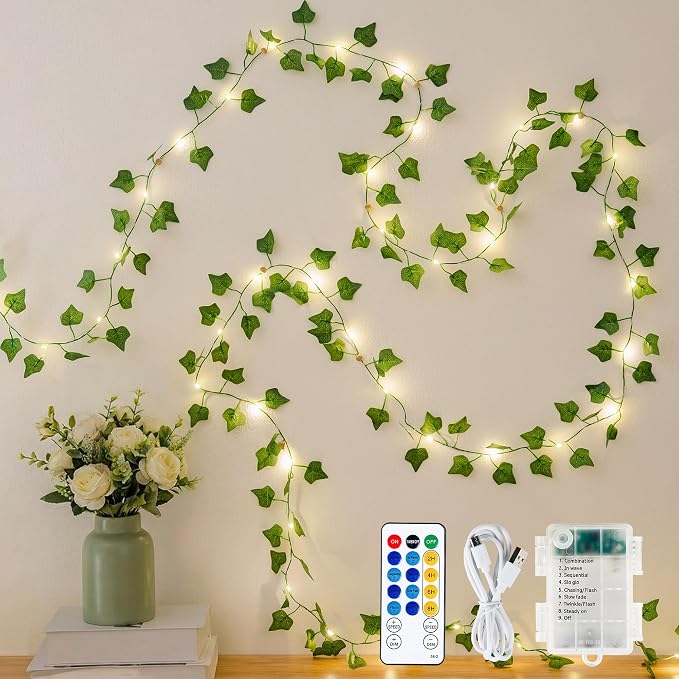 HEYFUNi 23FT Ivy Vines with Fairy Lights, Remote USB & Battery | Artificial Leaf String Lights with 73 Warm White LEDs, Timer, Memory, 8 Modes, Fake Vines for Bedroom, Dorm, Aesthetic Decor