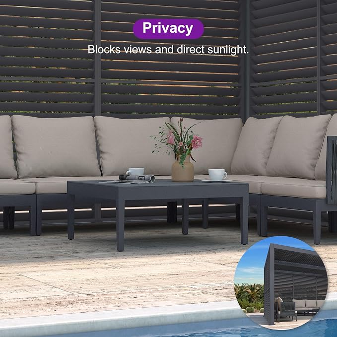 PURPLE LEAF Louvered Pergola 10' x 14' 94AS w/ 1W Side Shutter Wall Grey | Two Adjustable Roofs, Rainproof Gutters, Zero-Rust Aluminum, Plus Privacy Shutters For Total Seclusion, Aluminum Rustproof