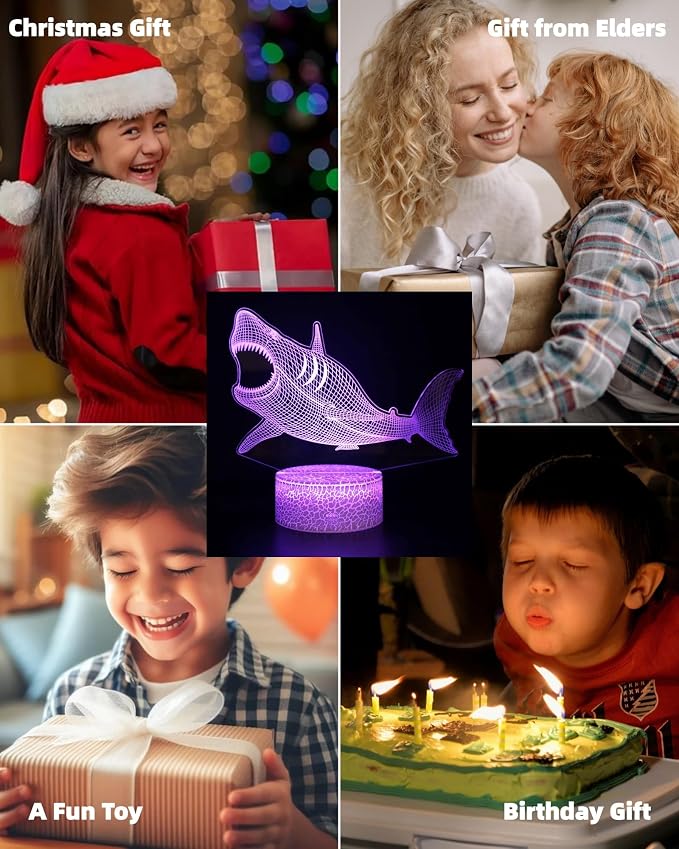 Shark 3D Illusion Night Light, 3 Patterns, Lamp for Boy Girl Kid | 16 Colors Changing, Dimmable, Touch & Remote Control, Room Bedroom Decor, Birthday Christmas Gift Toy Baby Toddler Teenage