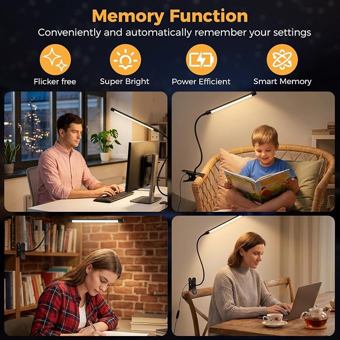 Clip on Reading Light for Books in Bed: Adjustable Dimmable Gooseneck Eye Caring LED Small Desk Table Lamps with Clamp: 3 Modes Lighting Night Lamp for Bed Headboard - Bedside（with Power Adapter）