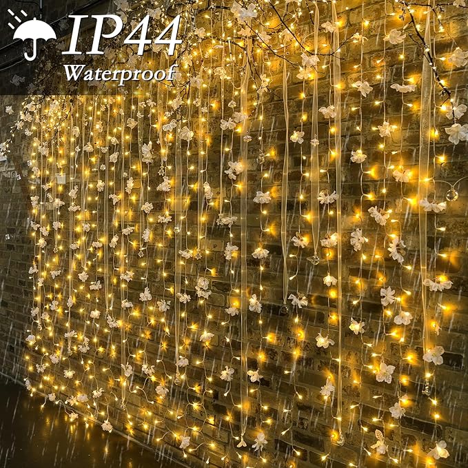 200 LED Warm White Curtain String Lights 9.8x6.6FT, Plug in Fairy Lights with 9 Hooks, Dimmable, Timer & 8 Modes, IP44 Waterproof, Bedroom Wall Wedding Party Christmas Indoor Outdoor Decor