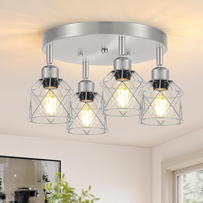 4-Light Brushed Nickel Kitchen Light Fixtures, Modern Hallway Light Fixtures Ceiling, Adjustable Multi-Directional Indoor Silver Metal Cage Close to Ceiling Lights for House Bedroom