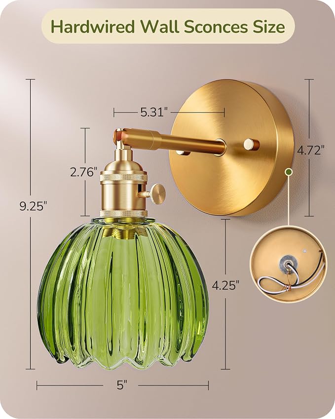 EDISHINE Vintage Brass Wall Sconces with Adjustable Green Tulip Glass Shade | Hardwired, 180° & 270° Adjustable, Rotary Switch, Vintage & Modern, E26, Ideal for Bathroom, Bedroom, Hallway