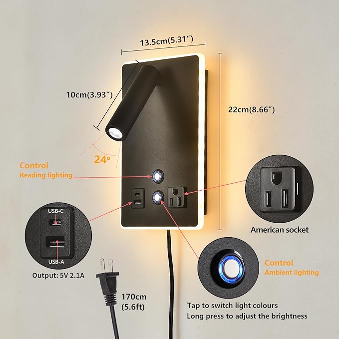 Dimmable Plug in Wall Sconce with Touch Switch,Headboard Bedside Wall Lamp,Multifunction Wall Light with USB C+A Ports,Adjustable Wall Mounted Reading Light,3 Color Temperature(Black)