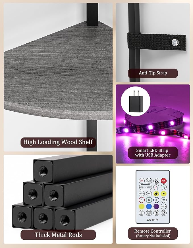 Corner Shelf with LED Light, 5 Tier Smart Color Changing Floor Lamp with Remote, 62" Display Shelf Bookshelf Narrow Storage Rack Standing Lamp for Living Room Bedroom Home Office Decor, Grey