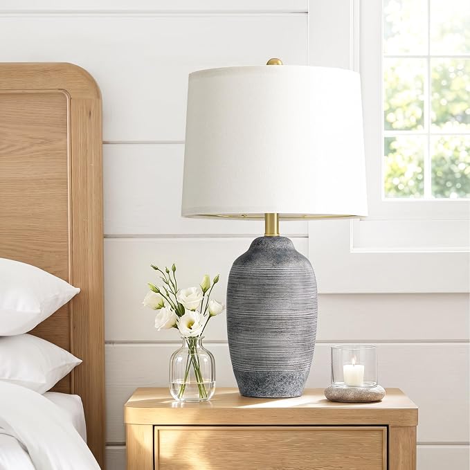 24.5" Vintage Ceramic Table Lamp Single-Rustic Boho Accent Nightstand Lamps for Bedroom, Living Room, Entryway-Small Textured Bedside Lamps, Modern Farmhouse Table Lamps for Home Decor Gray