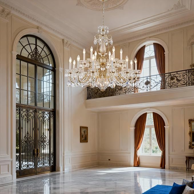 Vintage Crystal Chandelier 18-Lights Large Crystal Chandeliers for High Ceilings Brass Maria Theresa Chandelier Light Fixture for Living Room Hallway Hotel Banquet Hall Lobby Entrance Foyer Dia 37"