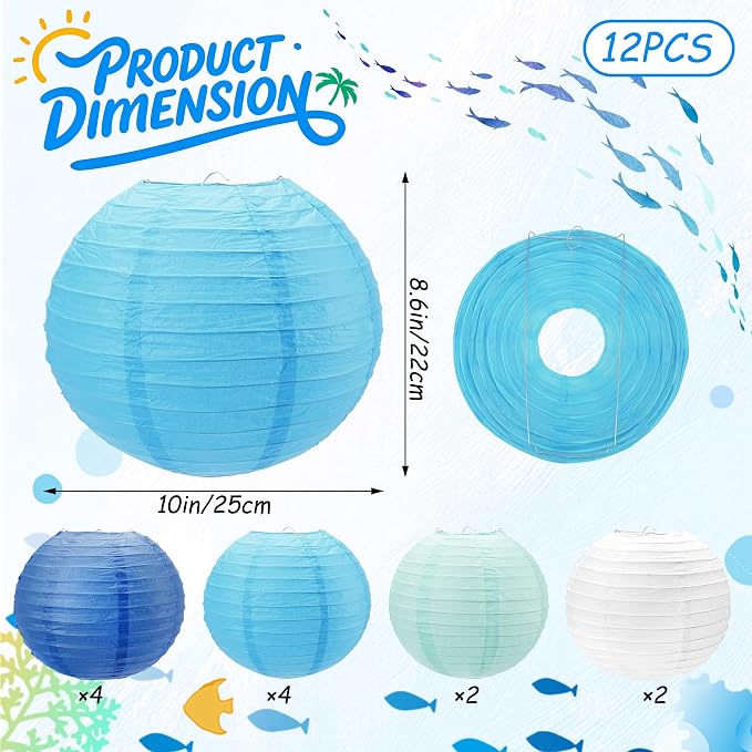 Qenk 12 Pcs Blue Paper Lanterns, 10" Paper Lanterns Party Decorations | Paper Lanterns Party Decorations for Classroom Party Wedding Birthday Valentine's Day
