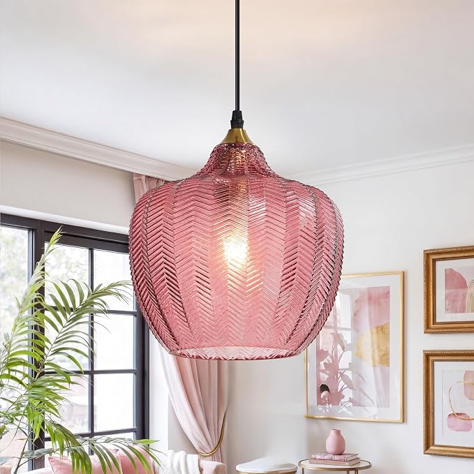 Pink Glass Pendant Lights Kitchen Island Gold Hanging Ceiling Light 9.45" | 1 Pack, Adjustable height, Dimmable, E26 bulbs, Rust-resistant Damp Rated For Bathrooms, 5-Year Warranty, UL Certification