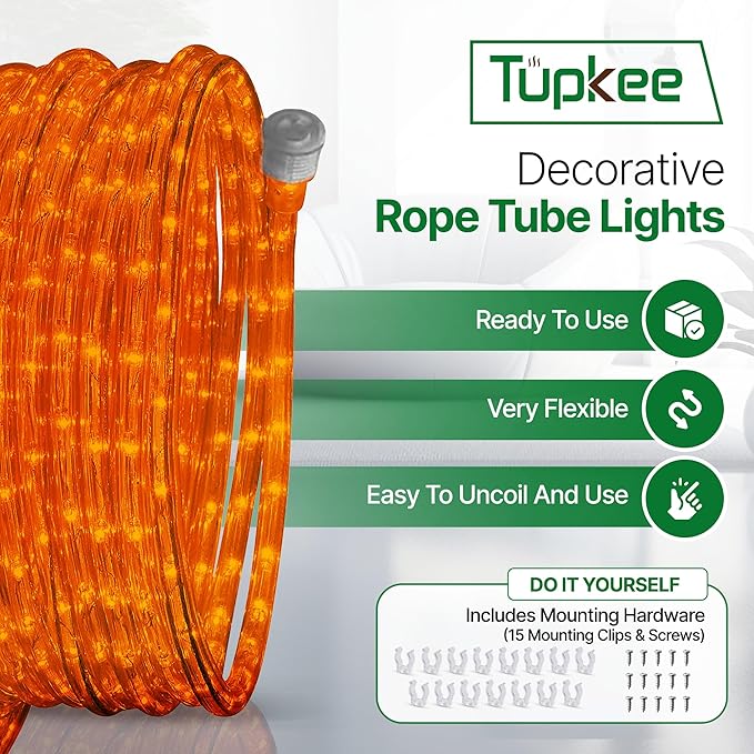 Tupkee LED Rope Light Orange - for Indoor and Outdoor use, 24 Feet (7.3 m) - 10MM Diameter - 144 LED Long Life Bulbs Rope Tube Lights - Pack of 2