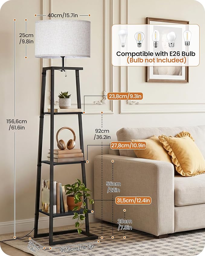 Floor Lamp with 3-Tier Storage Shelves, Standing Floor Lamp with Pull Chain Switch, Industrial Shelf Floor Lamp for Living Room, Bedroom, Office,Bulb Not Included, Black and Beige BE34LD05
